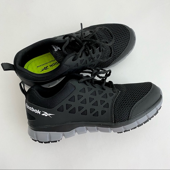 REEBOK WOMENS WORK SHOES SLIP AND OIL RESISTANT BLACK MEMORY TECH VEGAN - Picture 4 of 13